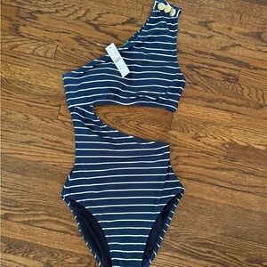 J. Crew Navy & White One-Shoulder Cutout Stripe One-Piece Swimsuit
